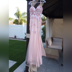 Pink Floral Appliqué Corset Prom Gown